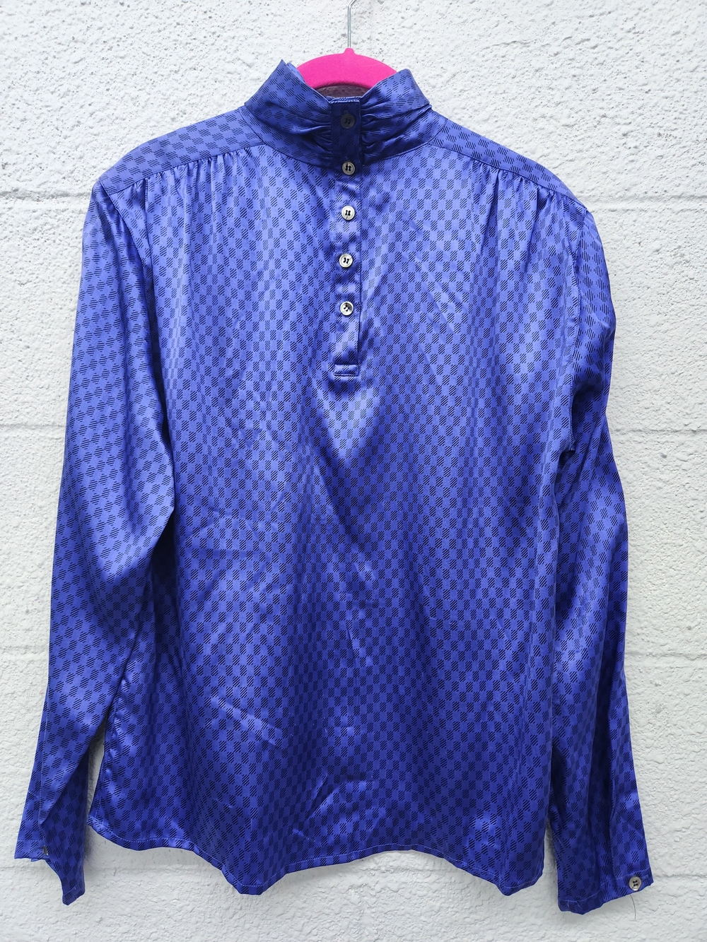 Women's Vintage Blue Silk Long-Sleeve Mandarin Collar Shirt